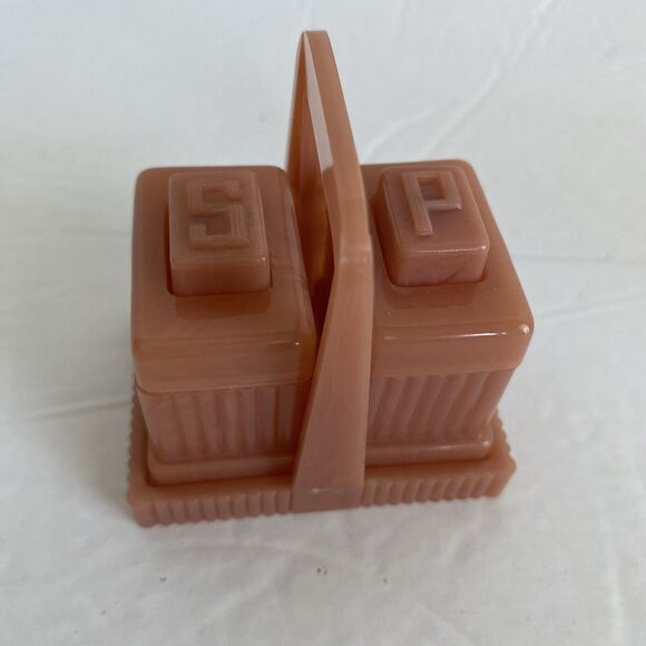 Vintage Art Deco Carvanite 3 Pc Salt Pepper Shaker Set Dusty Rose Box - Picture 1 of 16